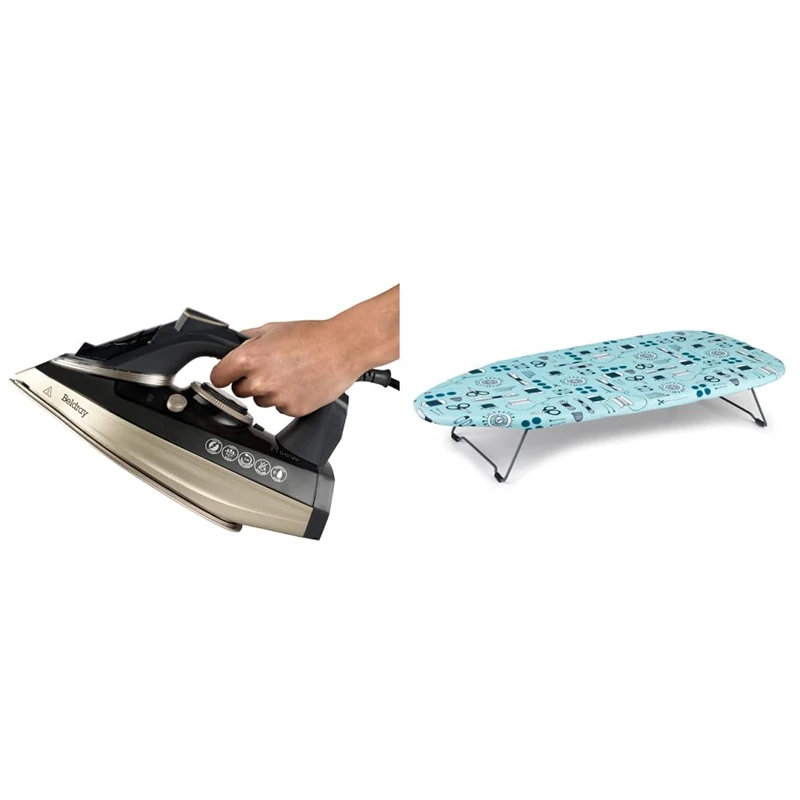 Beldray BEL0820PL Ultra Ceramic 3100W Steam Iron + Beldray LA023735SEW Table Top & Desk Ironing Board, 73 x 31cm