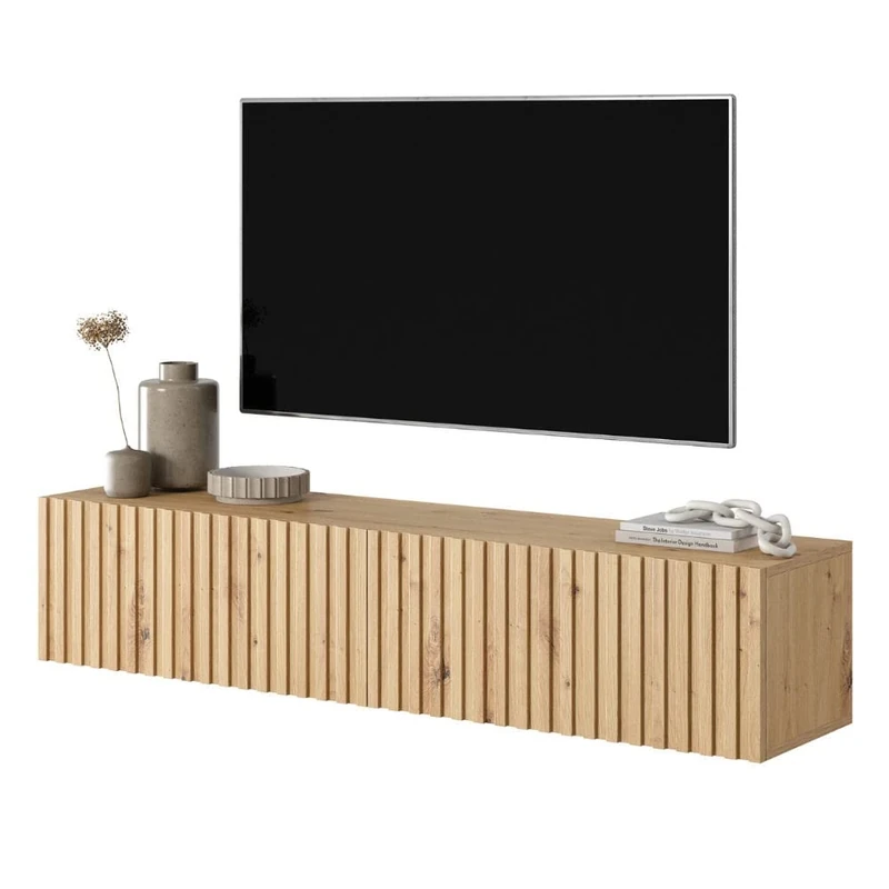SELSEY Telire Wooden TV Cabinet 183 x 32 x 30 cm, Artisan Oak Matte Finish, Grooved Fronts, Wall-Mounted Unit for TVs Up to 60 Inch, Wood TV Stand for Living Room, Scratch and Moisture Resistant