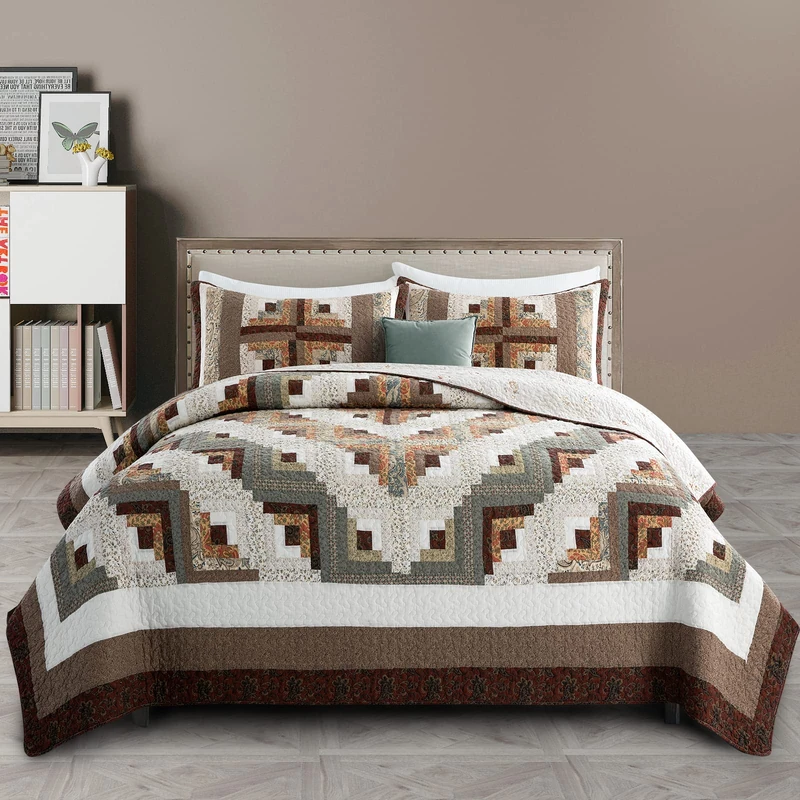 NIUDÉCOR HOME Genuine Patchwork Quilt Set 100% Cotton California King Bedspread Reversible Vintage Plaid Floral Brown Coverlet Bedding Sets