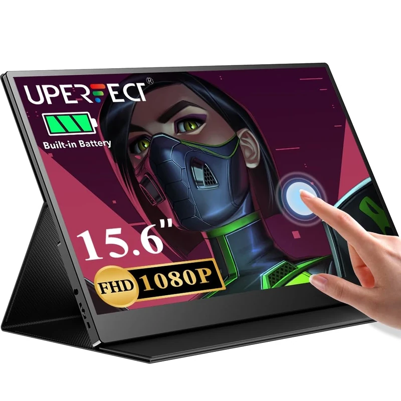 UPERFECT Touchscreen 15.6" Portable Monitor w/10800mAh Rechargeable Batteries, FHD 1080P IPS Display, HDMI/USB-C Travel Screen, 3 Narrow Edge Second Screen with Metallic Rear Casing, VESA &Smart Case