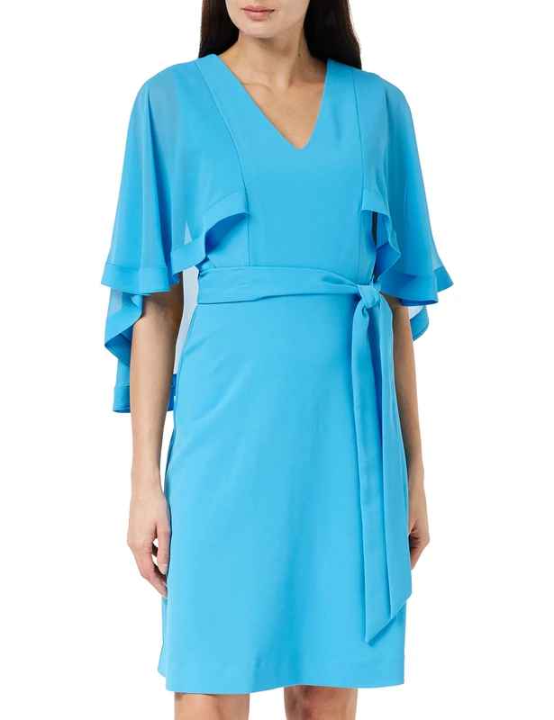 Gina Bacconi Women's Moss Crepe and Chiffon Dress with Cape Cocktail, Summer Turq, 8