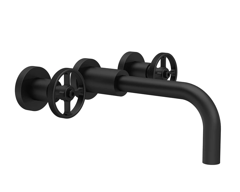 Hudson Reed TIW417 Revolution Modern Bathroom Industrial Wall Mount 3 Tap Hole Basin Mixer Tap, 255mm, Matt Black
