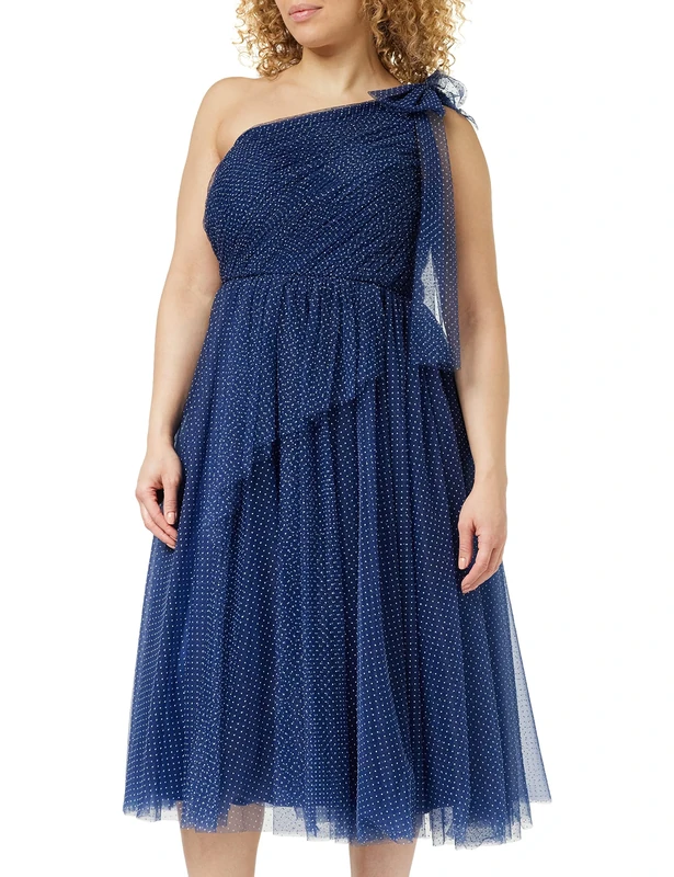 Gina Bacconi Women's Spot Tulle Shoulder Bow Dress Cocktail, Navy, 16