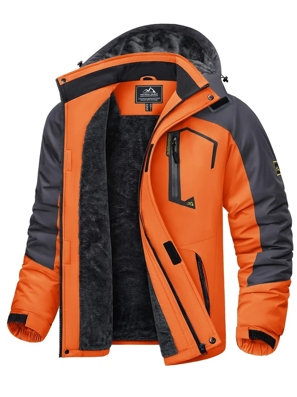 KEFITEVD Warm Waterproof Ski Jacket for Men Thermal Fleece Jackets for Winter Windbreaker with Detachable Hood,Orange Grey,3XL