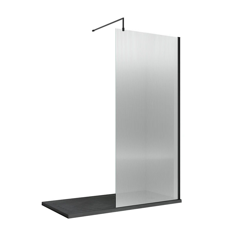 Hudson Reed WRFL19580BP Fluted Modern Bathroom Fluted 8mm Toughened Safety Glass Wetroom Screen with Support Arm, 1950mm x 800mm, Matt Black