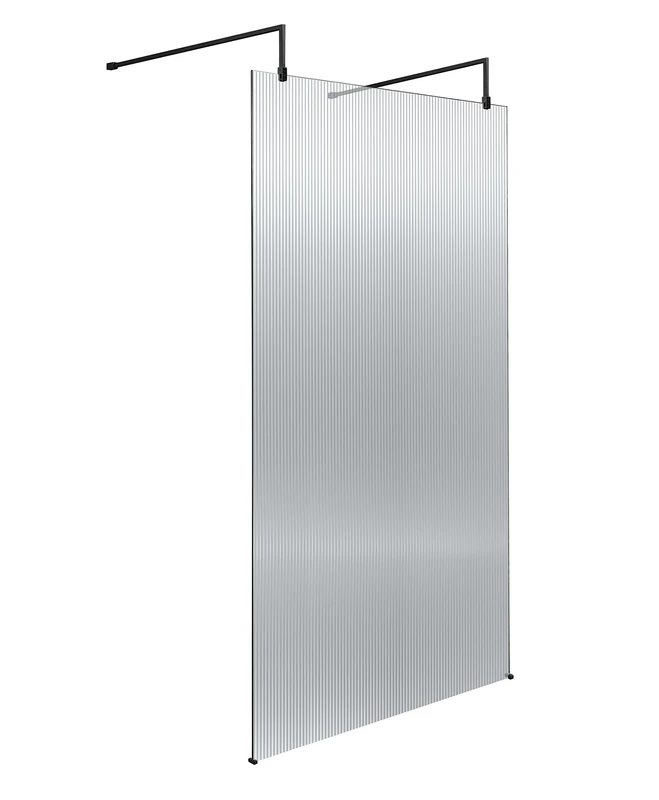 Hudson Reed WRAF19510BP Fluted Modern Bathroom Fluted 8mm Toughened Safety Glass Wetroom Screen with 2 Support Arms, 1950mm x 1000mm, Matt Black