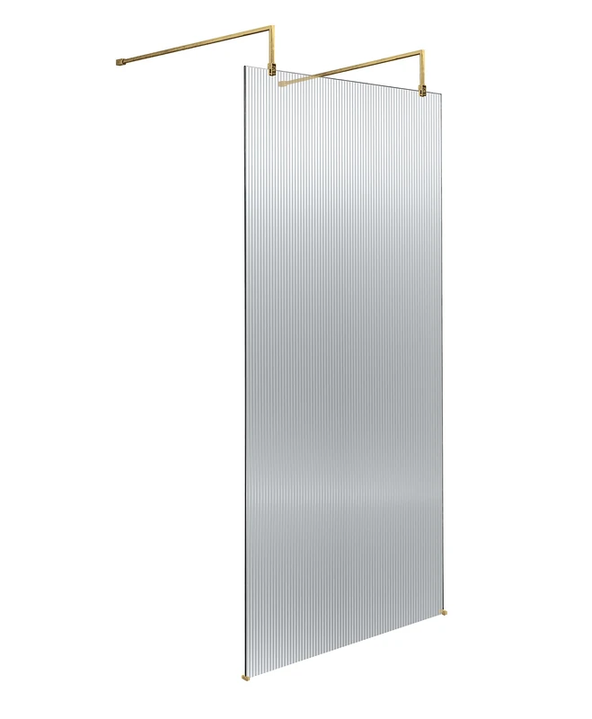 Hudson Reed WRAF19590BB Fluted Modern Bathroom Fluted 8mm Toughened Safety Glass Wetroom Screen with 2 Support Arms, 1950mm x 900mm, Brushed Brass