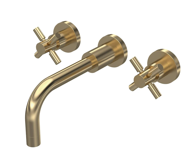 Hudson Reed TEX817 Tec Cross Modern Bathroom Crosshead Wall Mount 3 Tap Hole Basin Mixer Tap, 255mm, Brushed Brass - Image 1