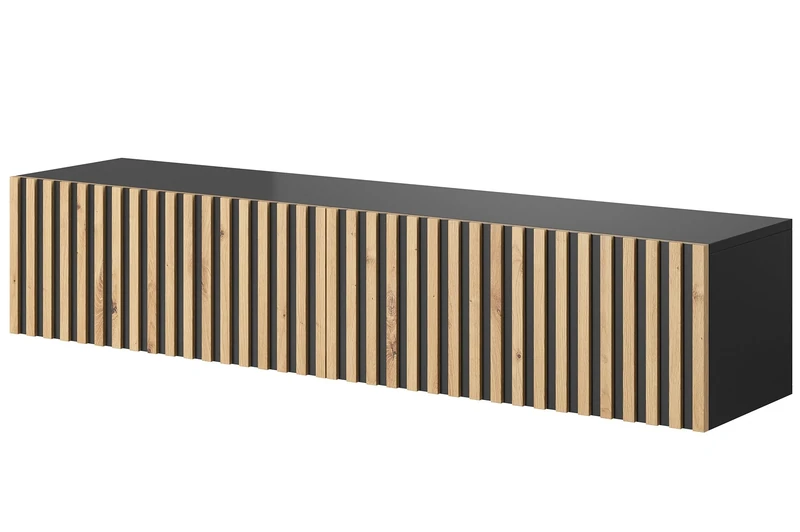 SELSEY Telire Wall-Mounted TV Cabinet 138.6 x 31.6 x 30 cm, Black with Artisan Oak Ribbed Front, Matte Finish, Wooden TV Stand for TVs up to 60 Inch, Scratch and Moisture Resistant