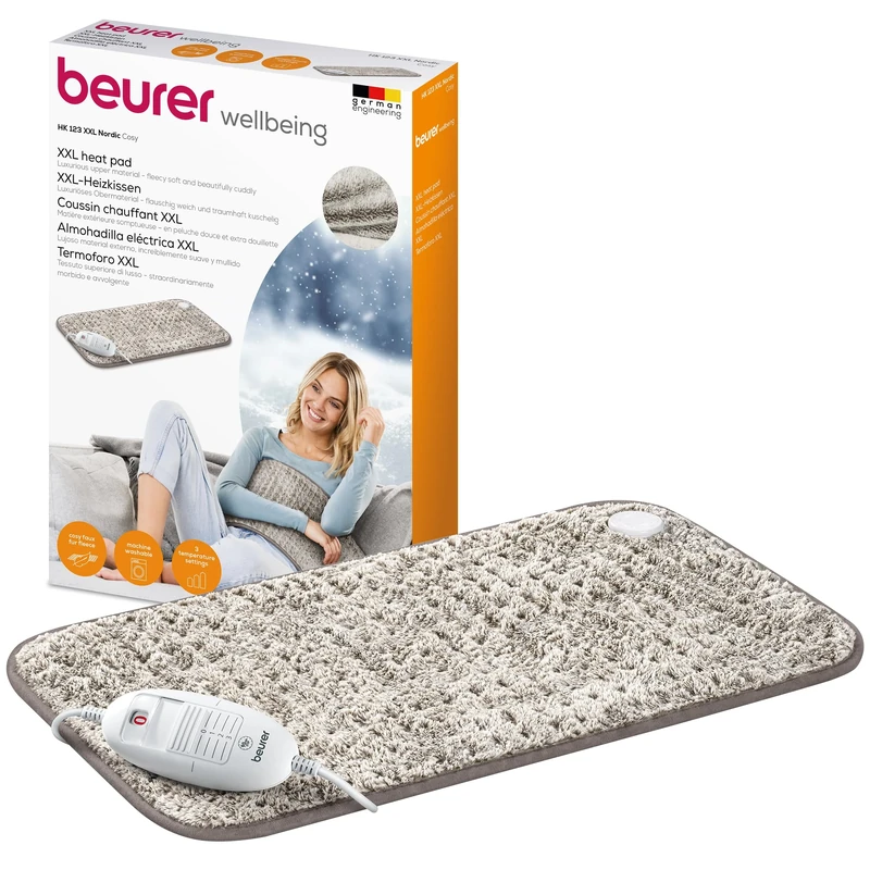 Beurer Heating Pad HK 123 XXL Nordic, cosy heat pad with 3 temperature settings and automatic switch-off, machine washable, made in Europe, XXL size 60 x 30 cm, faux fur appearance