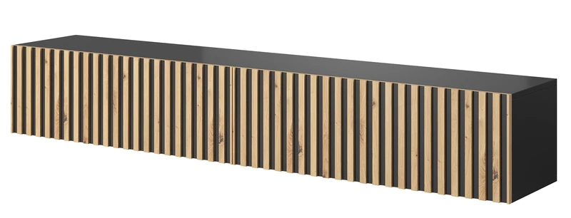 SELSEY Telire Wall-Mounted Wooden TV Cabinet 175 x 31 x 30 cm, Artisan Oak Fronts/Black Body, Fits up to 75'' TV, MDF/Laminated Board, Spacious Compartments, Ideal for Living Room, Modern/Boho Style