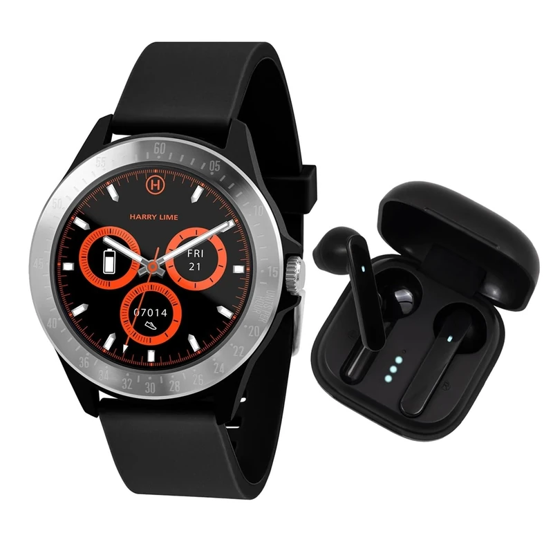 Harry Lime Fashion Smart Watch in Black Featuring Black True Wireless Earbuds in Charging Case