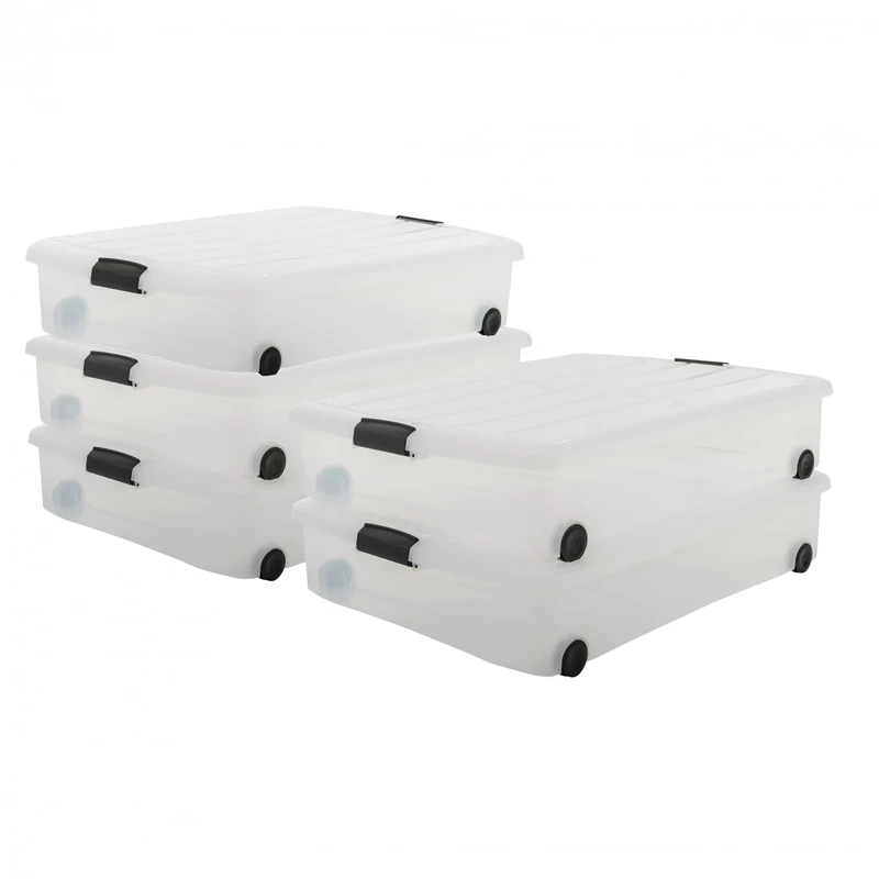 Iris Ohyama, Underbed Storage Boxes with Lids, Plastic Storage Box with Lid, Removable Wheels, 50L/5Pack, BPA Free, Clear, W75 x D55.5 x H16cm, CS-U800