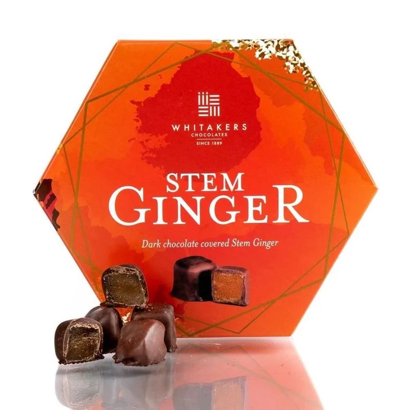 Whitakers Dark Chocolate Covered Stem Ginger in Gift Box 180g - Suitable for Vegetarians, Gluten Free. - Image 1