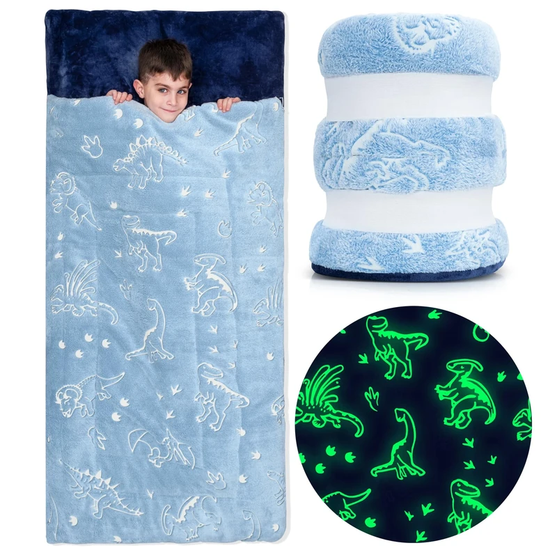 Kids Sleeping Bag for Boys, Dinosaur Sleeping Bags for Kids 2-12, Glow in The Dark, Sleeping Bag for Toddlers with Pillow Pocket, Ages 3+, Extra Soft Sleeping Bag for Kid - Kids Blanket (66'' x 33") - Image 1