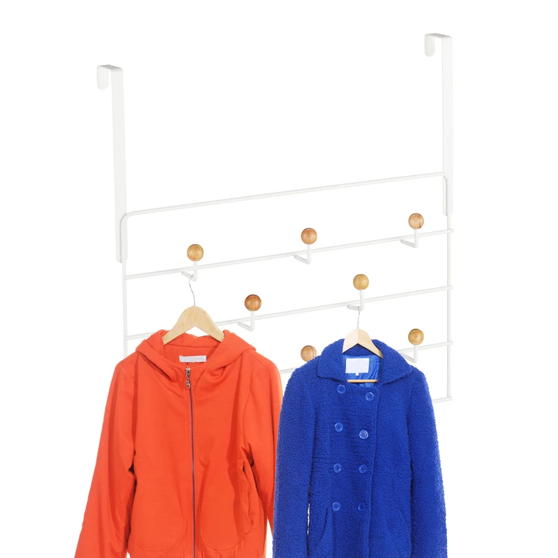 Relaxdays Coat Rack, 10 Hooks, Hanging, for 4 cm Doors, Hallway & Bedroom, Convenient Storage, White/Natural, Wood, 47.5 x 46 x 9 cm