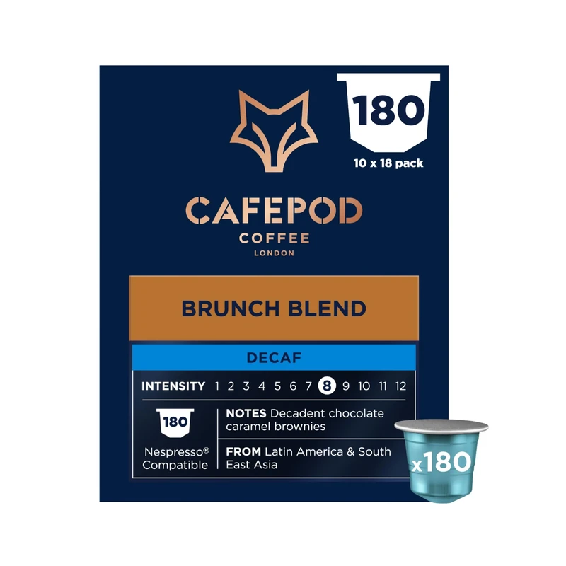 CafePod Lungo Decaf Coffee Pods - Compatible with Nespresso Coffee Machine, Intensity 9 with Chocolate Caramel Brownie Notes - Rainforest Alliance Sourced - Brunch Blend 180 Capsules