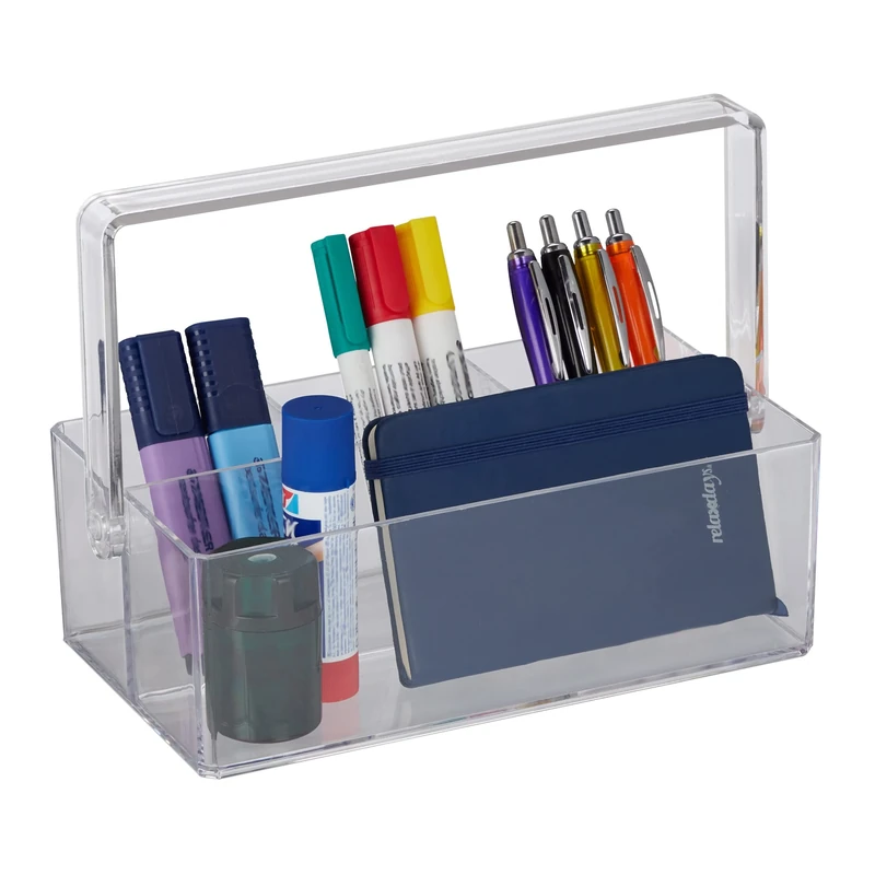 Relaxdays Organiser, Desk, Handle, 4 Compartments, Storage, H x W x D: 18.5 x 25.5 x 13.5 cm, Plastic, Transparent