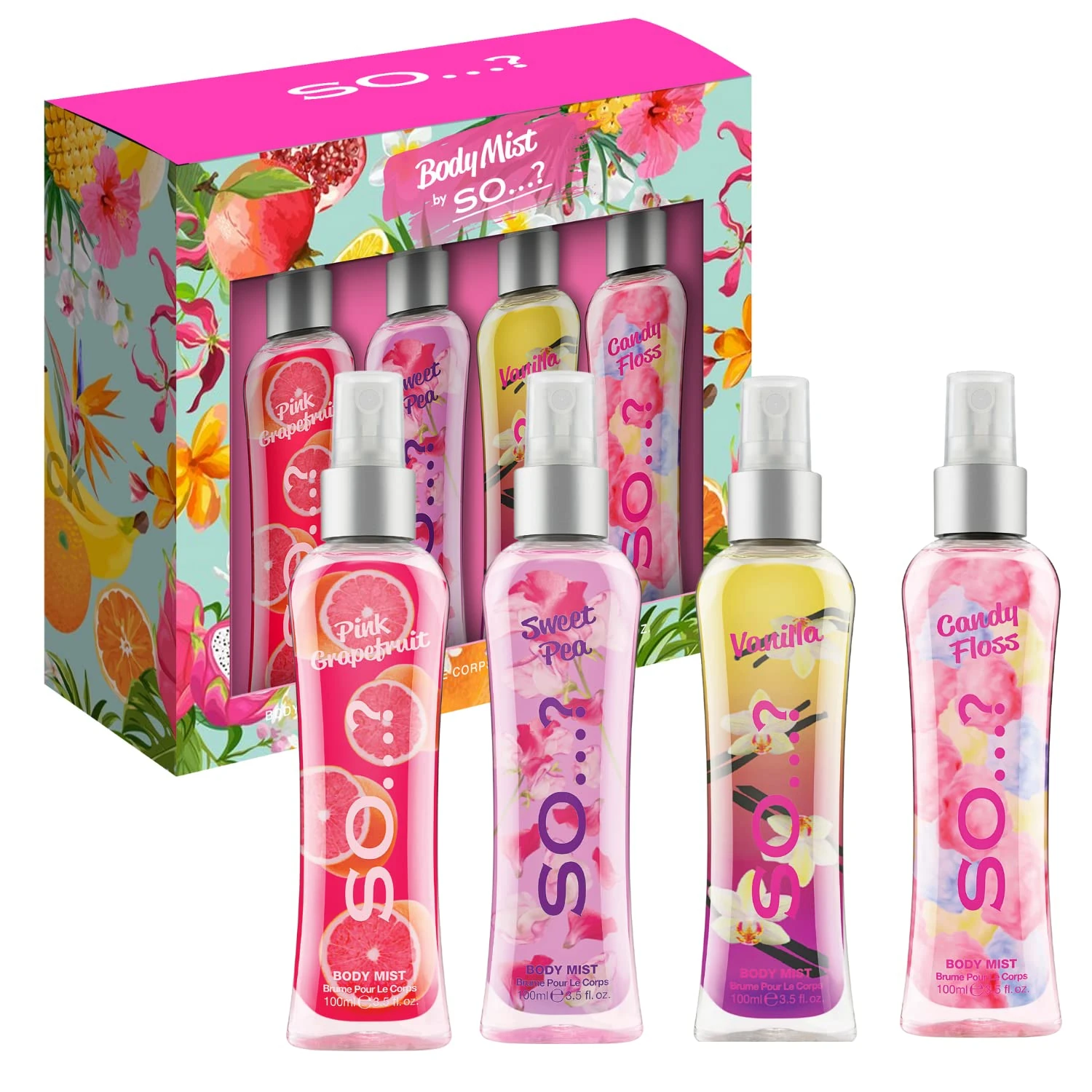 Body Mist by So…? Womens Mini Mist Pink Grapefruit, Sweet Pea, Vanilla, Candy Floss Mixed Fragrance Gift Set 4x100ml