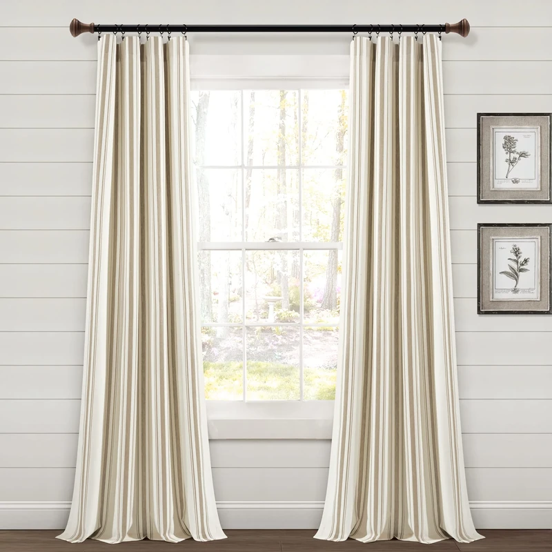 Lush Decor Farmhouse Stripe Yarn Dyed Eco-Friendly Recycled Cotton Window Curtain Panel Pair, 95" L x 42" W, Neutral