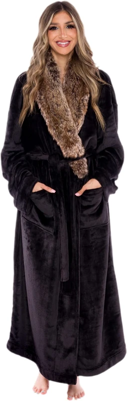 Womens Plush Fleece Bath Robe, Fluffy Long Bathrobe, Great Gift for Mom, Grandma, Daughter, Sister, Wife, Friend, Black Faux Fur, S/M