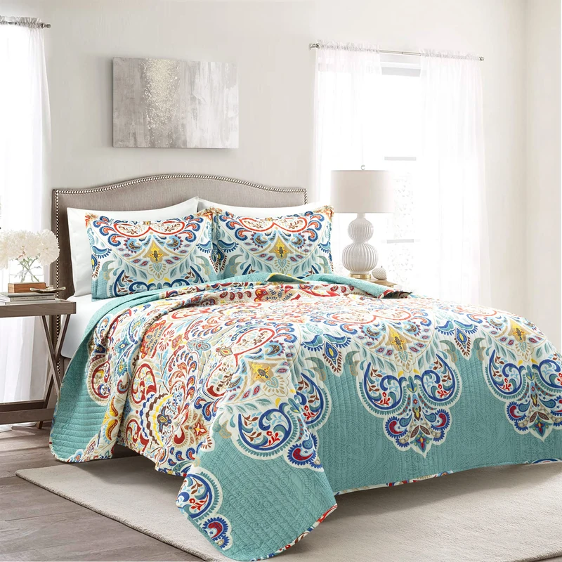 Lush Decor Boho Chic Reversible Oversized 3 Piece Cotton Quilt Set, Seafoam & Red, King - Image 1