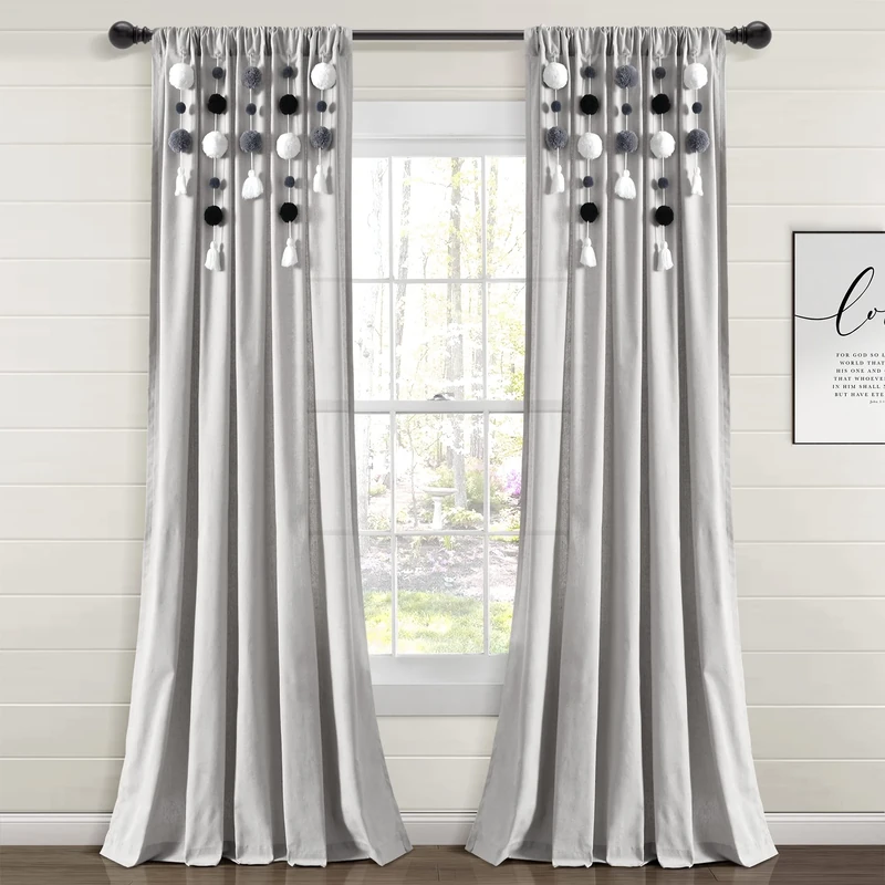 Lush Decor Boho Pom Pom Tassel Linen Window Curtain Panel (Single Panel), 84" L x 52" W, Gray & Orane