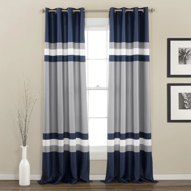 Lush Decor Alexander Stripe Light Filtering Window Curtain Panel Pair, 95" L x 52" W, Navy