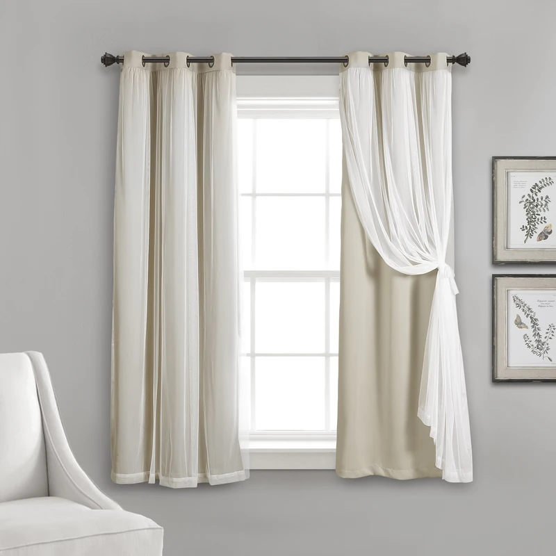 Lush Decor Grommet Sheer Panels with Insulated Blackout Lining Window Curtain Panel Pair, 45" L x 38" W, Wheat - Image 1