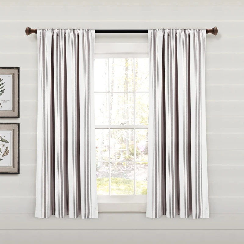 Lush Decor Farmhouse Stripe Yarn Dyed Eco-Friendly Recycled Cotton Window Curtain Panel Pair, 42" W x 63" L, Gray - Classic Modern Rustic Charm - Eco Friendly Cotton Fabric