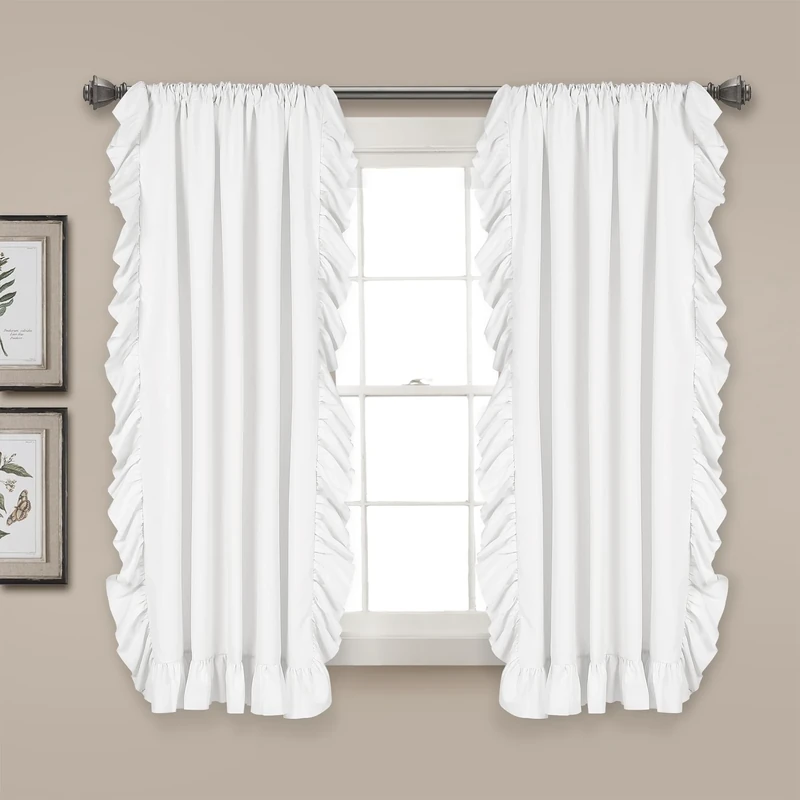 Lush Decor Reyna Ruffle Window Curtain Panel Set for Living, Dining, Bedroom (Pair), 54" W x 45" L, White