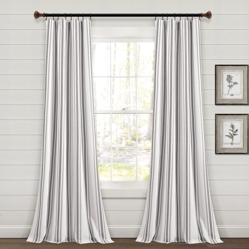 Lush Decor Farmhouse Stripe Yarn Dyed Eco-Friendly Recycled Cotton Window Curtain Panel Pair, 95" L x 42" W, Gray