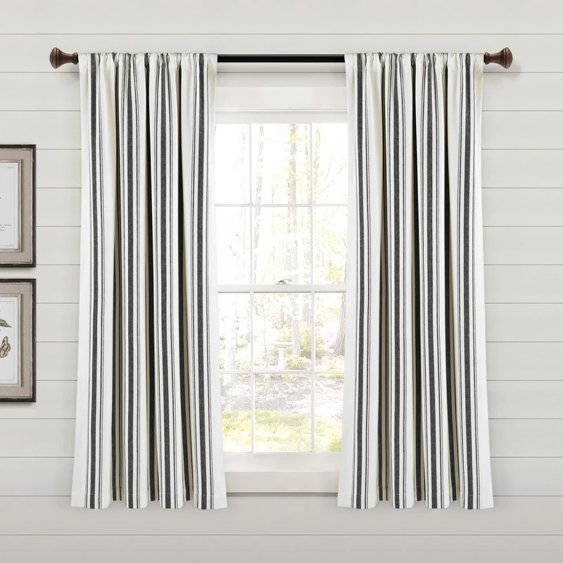 Lush Decor Farmhouse Stripe Yarn Dyed Eco-Friendly Recycled Cotton Window Curtain Panel Pair, 42" W x 63" L, Black - Classic Modern Rustic Charm - Eco Friendly Cotton Fabric