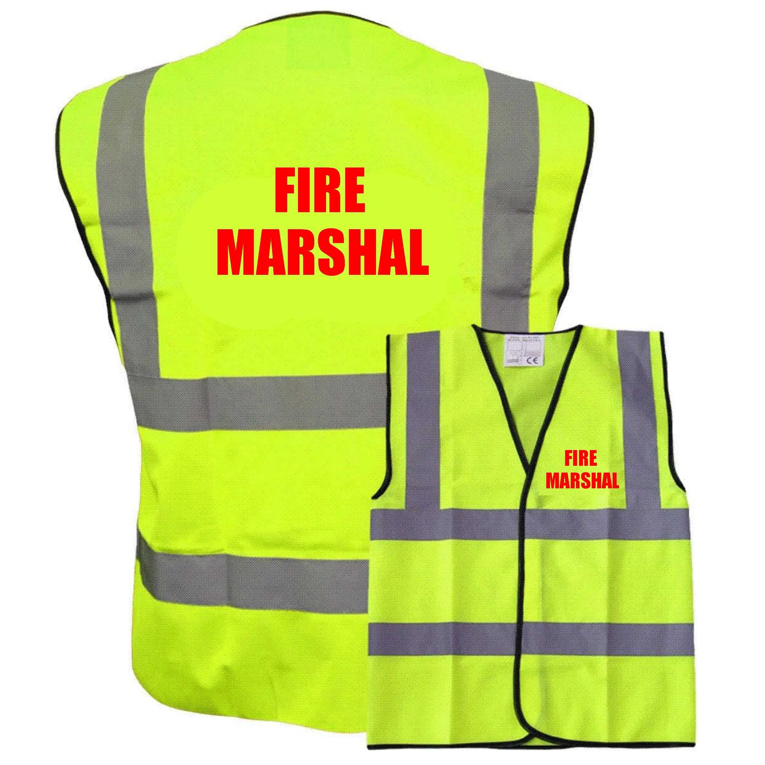 Fire Marshal RED TEXT Print Yellow Hi Vis Viz Reflective Safety Vest Waistcoat, Reflective High Visibility, supplied by Simply Hi Vis Clothing UK