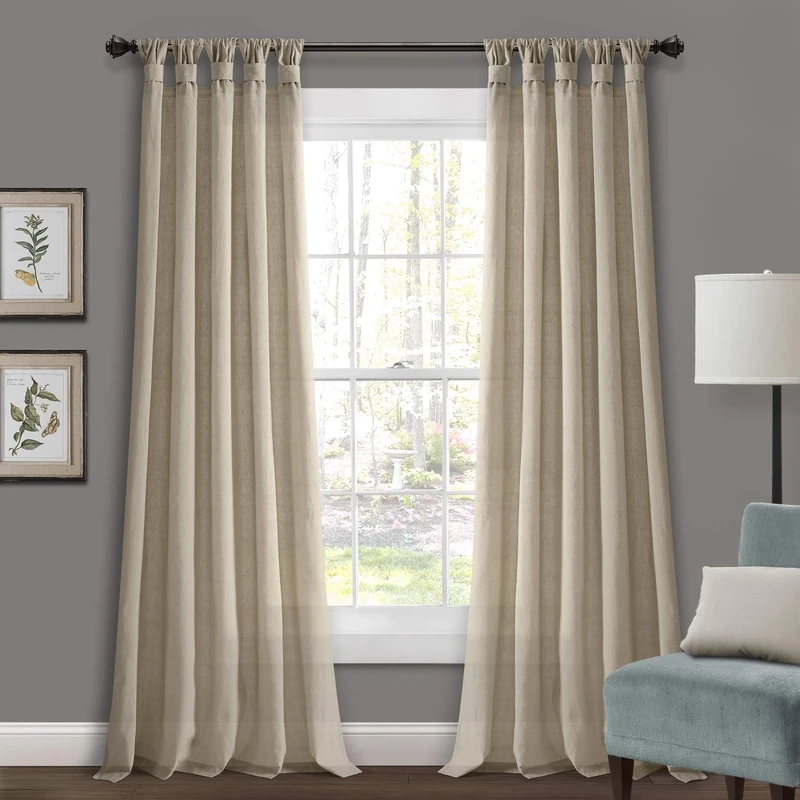 Lush Decor Burlap Knotted Tab Top Window Curtain Panel Pair, 108" L x 45" W, Dark Linen