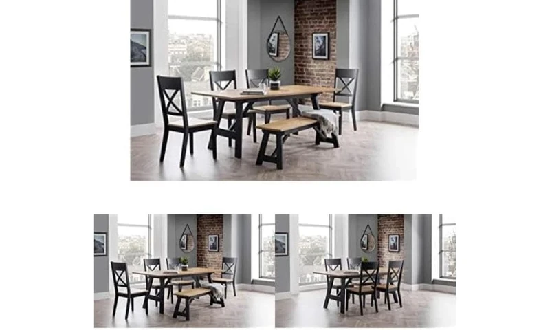 Julian Bowen Hockley Black and Oak Rectangular Table, 1 Hockley Bench And 4 Chairs