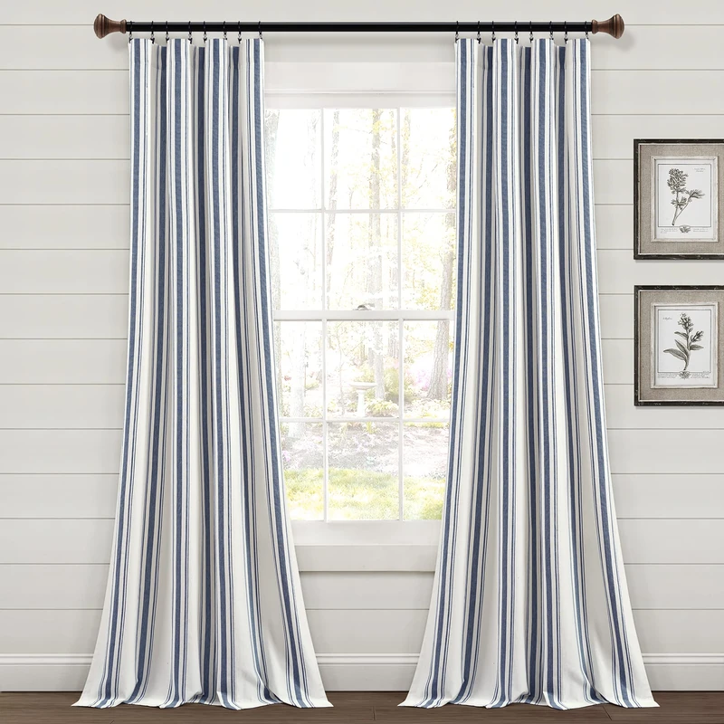 Lush Decor Farmhouse Stripe Yarn Dyed Eco-Friendly Recycled Cotton Window Curtain Panel Pair, 42" W x 95" L, Navy - Classic Modern Rustic Charm - Eco Friendly Cotton Fabric
