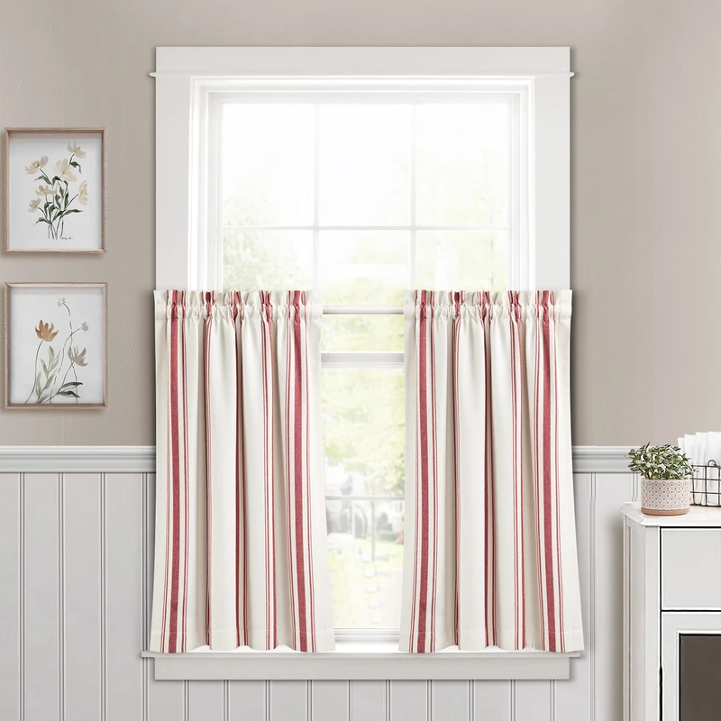 Lush Decor Farmhouse Stripe Yarn Dyed Recycled Cotton Window Curtain Kitchen Tiers, 29" L x 36" W, Red