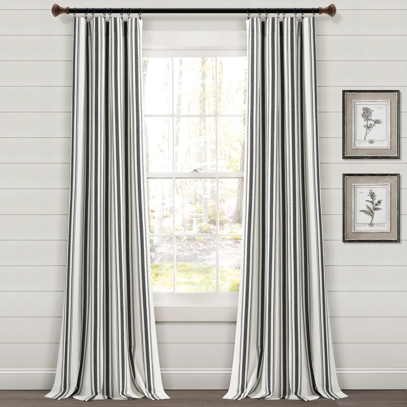 Lush Decor Farmhouse Stripe Yarn Dyed Eco-Friendly Recycled Cotton Window Curtain Panel Pair, 95" L x 42" W, Black