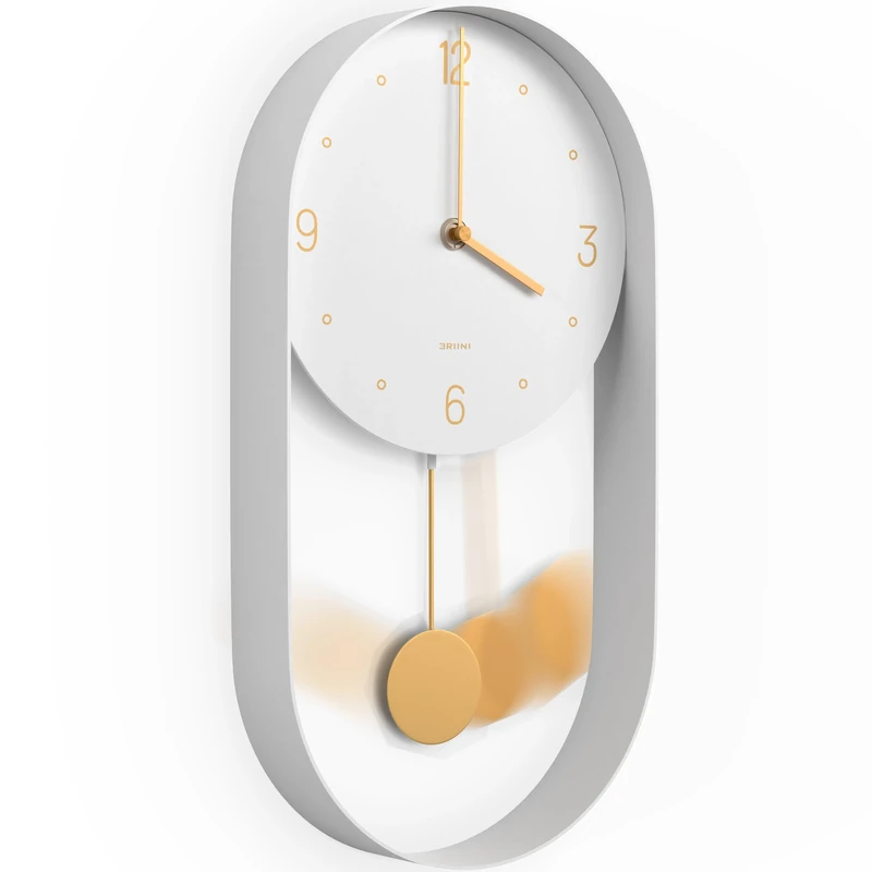 Driini Modern Pendulum Wall Clock - Decorative and Unique Metal Frame, with 8 Inch Face - Contemporary, Minimalist Design, with Silent Non Ticking Operation - Includes Both White and Gold Pendelum