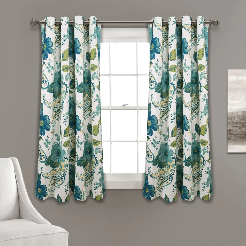 Lush Decor Floral Paisley Light Filtering Window Curtain Panel Pair, 45" L x 52" W, Blue & Green