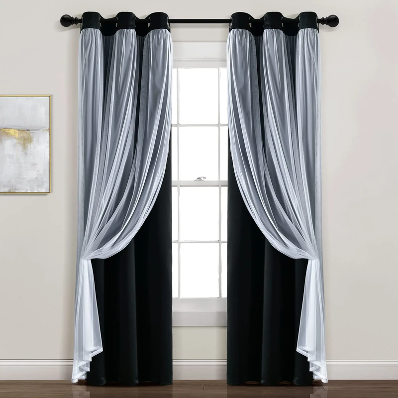 Lush Decor Grommet Sheer Panels with Insulated Blackout Lining Window Curtain Panel Pair, 84" L x 38" W, Black