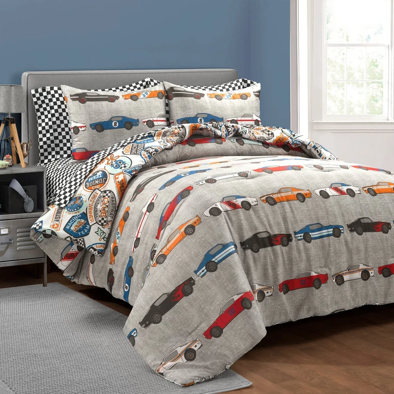 Lush Decor Race Cars Reversible Oversized with Printed Sheet 7 Piece Comforter Set, Polyester, Blue & Orange, Full