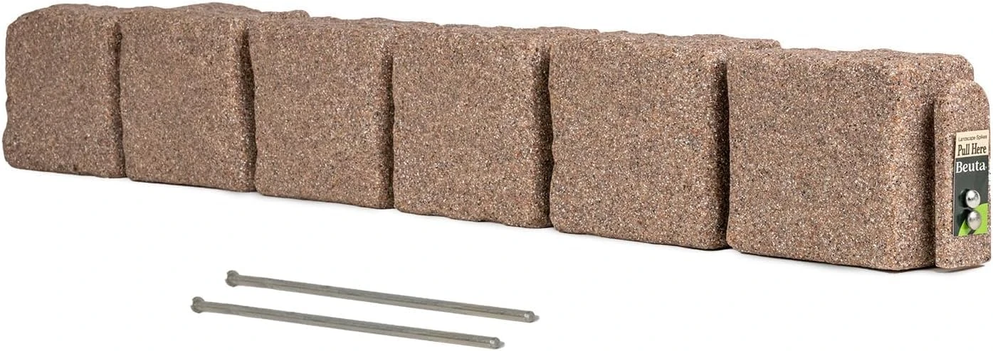 Beuta Landscape Edging | Garden Edging Border | Faux Stone Blocks for Lawn Edging, Flower Beds & Yard Edging – 1 Pack | Each Section Has 6 Blocks 48" L x 4" W x 6.5" H | 2 Spikes | Cobblestone