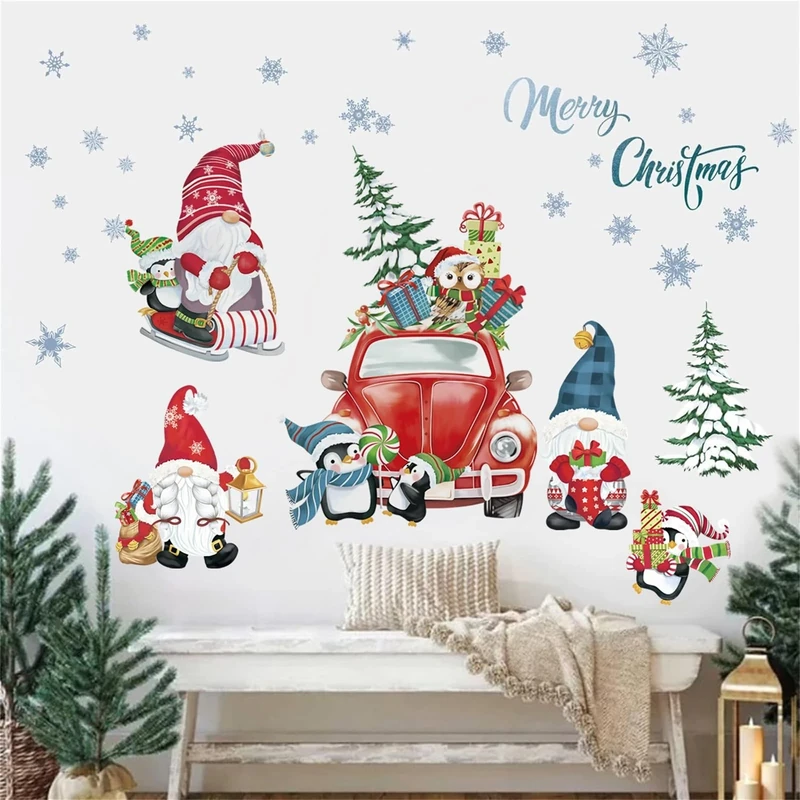 decalmile Christmas Red Car Gnome Window Wall Decals Christmas Trees Winter Wall Stickers Room Door Party Christmas Window Showcase Wall Decorations