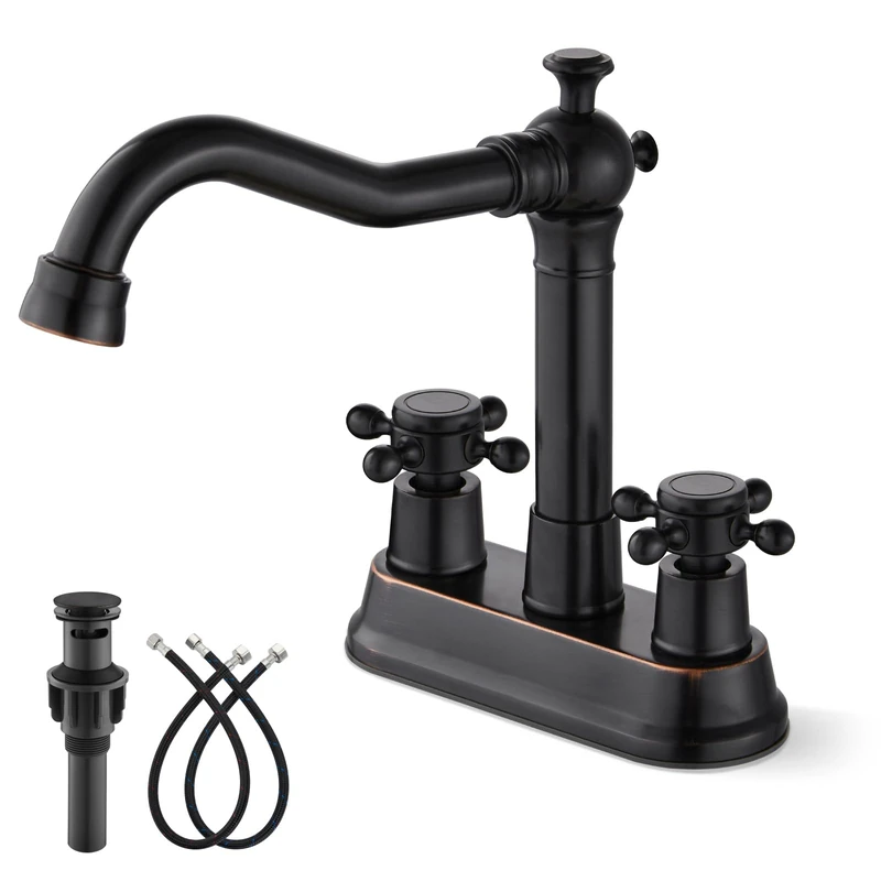Gotonovo 4 Inch Centerest Bathroom Sink Faucet Oil Rubbed Bronze 2 Hole with 2 Double Handle Brass Vanity Deck Mounted Mixer Tap Basin Lavatory Include Water Hose with Pop Up Drain