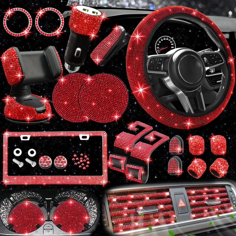 bling car Women's Accessories Set, Including Steering Wheel Covers, License Plate Frames, Phone Holder Mount, Charger, and Coasters (Red)