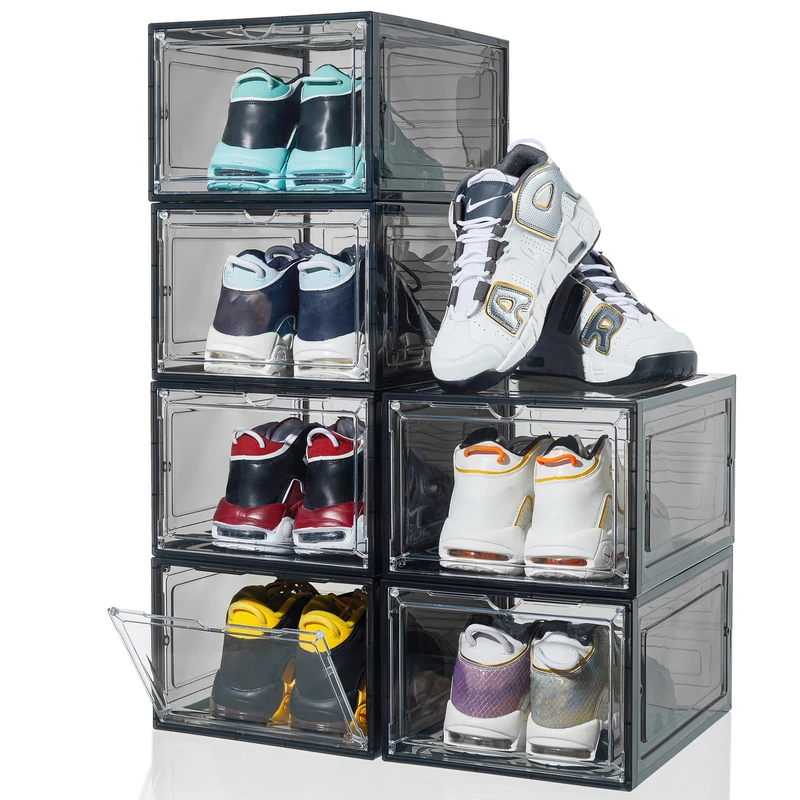 ZLLZUU Shoe Organizer Shoe Storage Boxes, 6 Pack Large Drop Front Shoe Boxes with Magnetic Door, Clear Plastic Stackable Shoe Containers (Black)