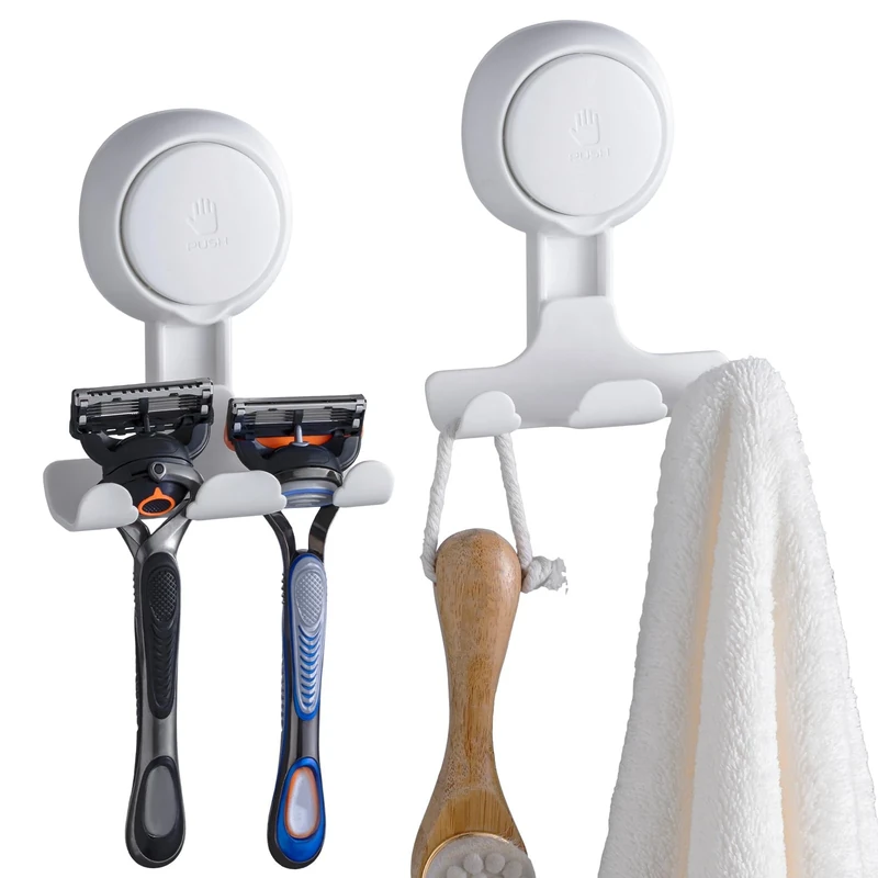 TAILI Razor Holder for Shower with Suction Cup,Vacuum Shower Hooks Reusable Bathroom Suction Razor Holder Bathroom Wall Hooks for Towels Robes Multipurpose Hanging 2 Packs, White