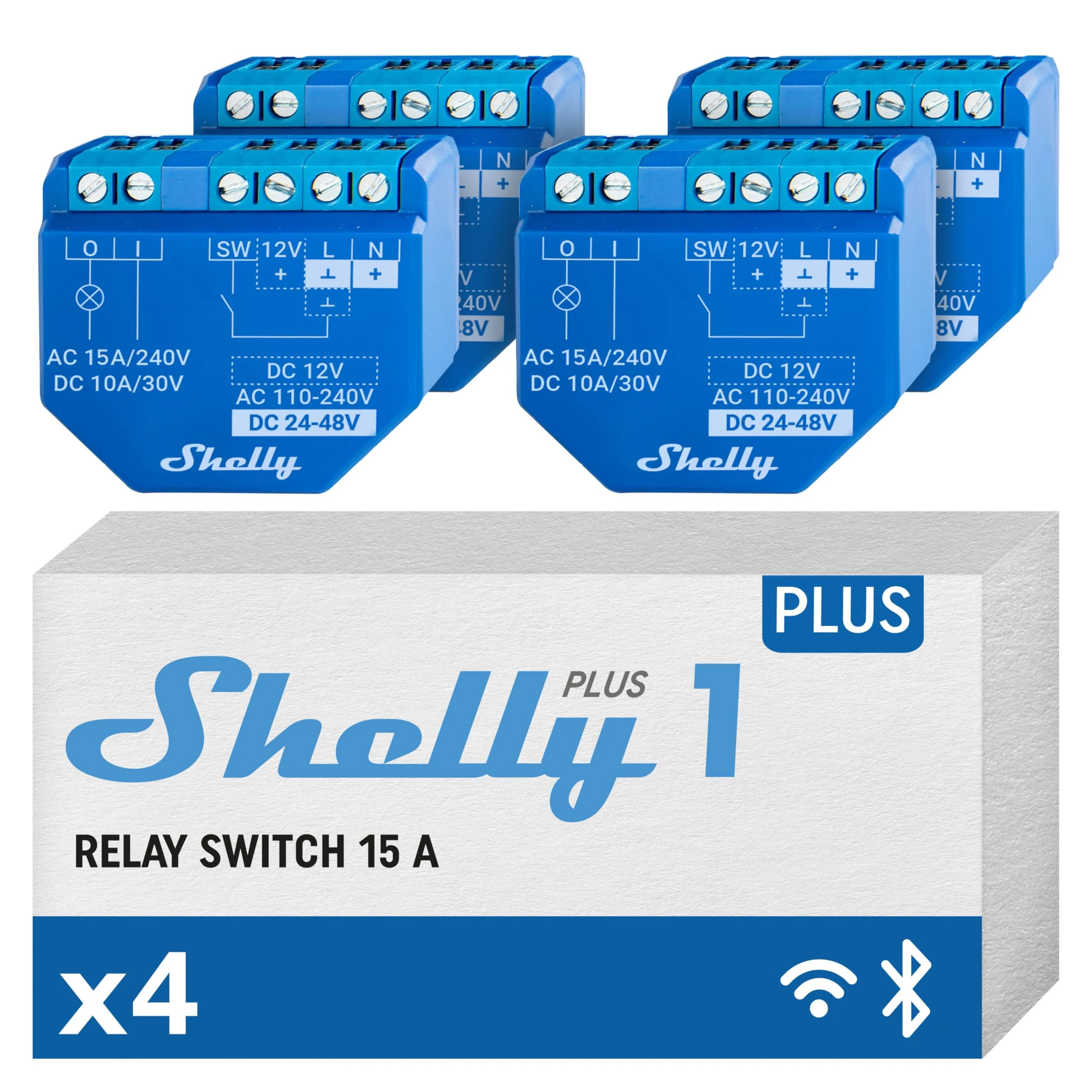 Shelly Plus 1 | WiFi & Bluetooth Smart Relay Switch | Home Automation | Alexa & Google Home Compatibility | iOS Android App | No Hub | Lighting and Garage door Control (4 Pack)